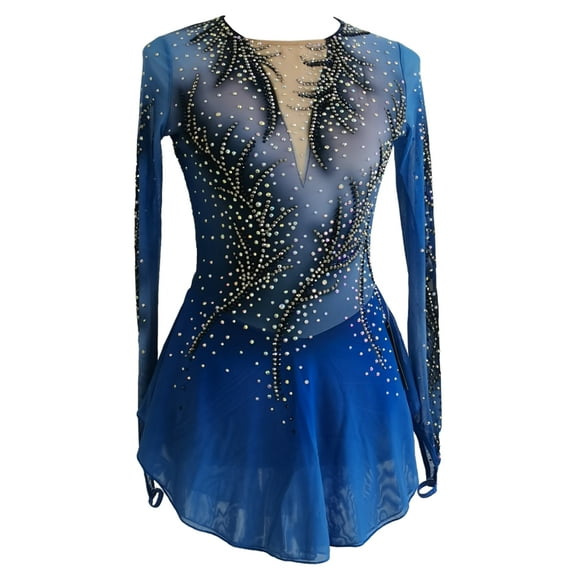 LIUHUO Blue Mesh Figure Skating Dress with Rhinestone Decor, Long - Sleeve, for Women & Girls, Performance - Ready