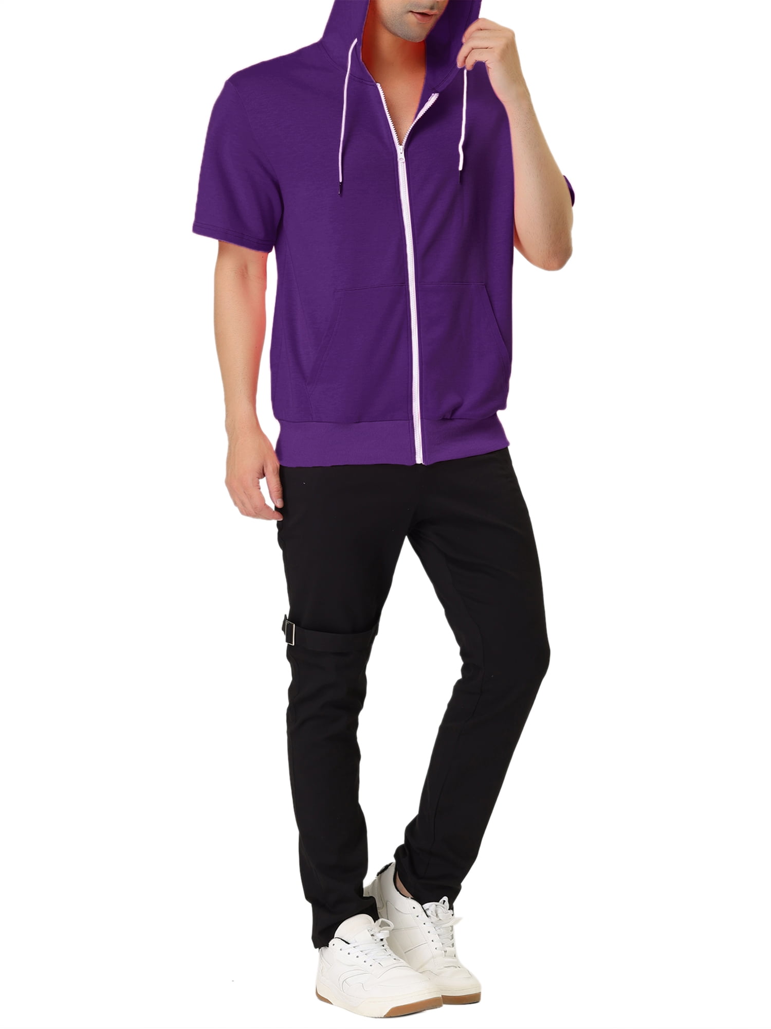 Unique Bargains Men's Short Sleeve Solid Color Zip Up Sport Hoodies XL Purple