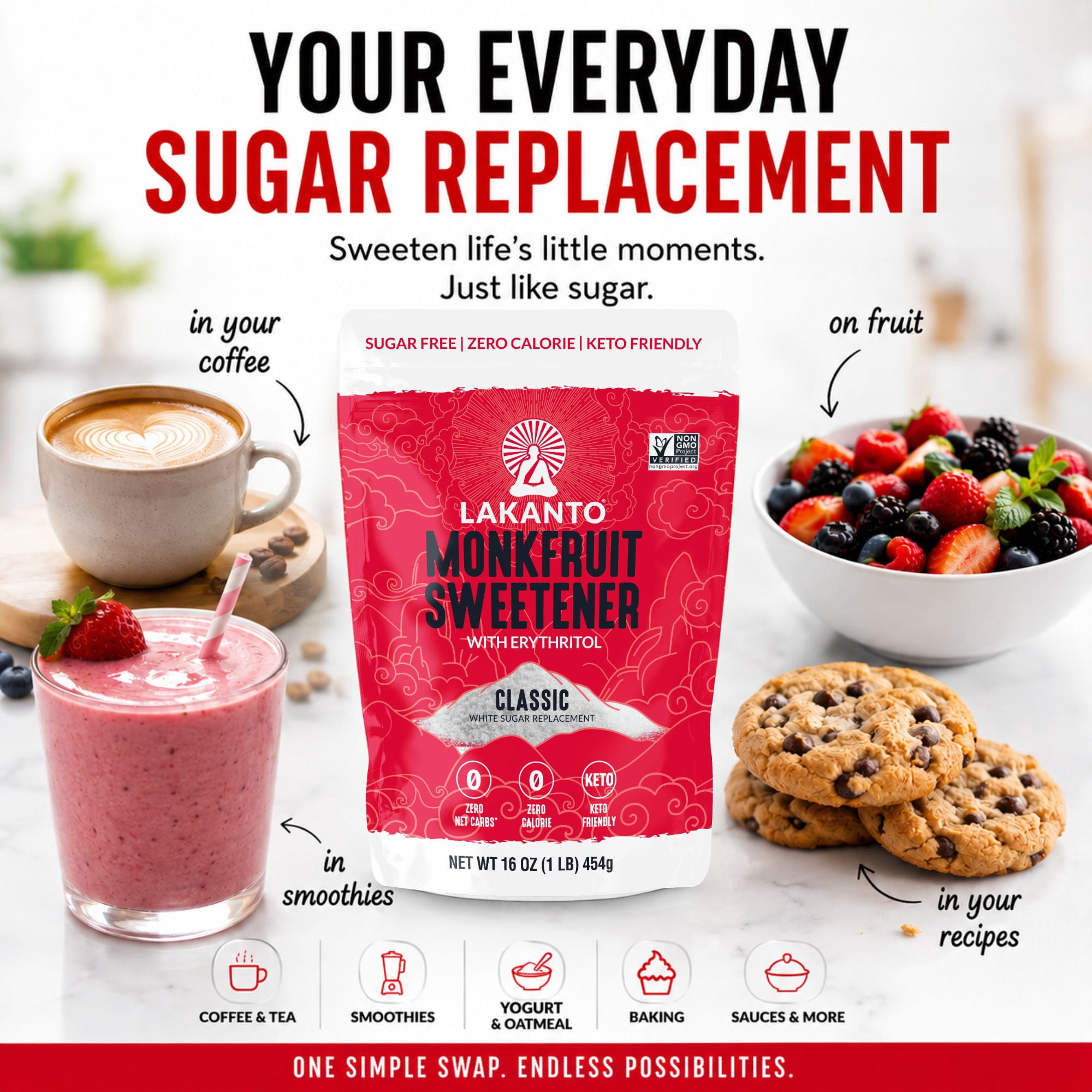 Lakanto Classic Monk Fruit Sweetener - White Sugar Substitute, Zero Calorie, Keto Diet Friendly, Zero Net Carbs, Zero Glycemic, Baking, Extract, Sugar Replacement (Classic White - 1 lb)