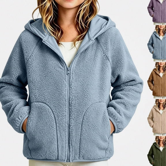 HAOTAGS Girls Hooded Fleece Jacket (3-13) Solid Color Long Sleeve Jacket With Pocket Warm Zipper Outerwear Light Blue Size 6