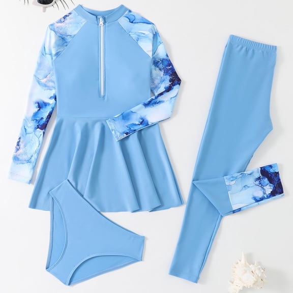 ATOGUTA Girls Modest Swim Suit 3 Piece Long Sleeve Swimsuit Rashguard Bathing Suit Size 4T-13, Blue