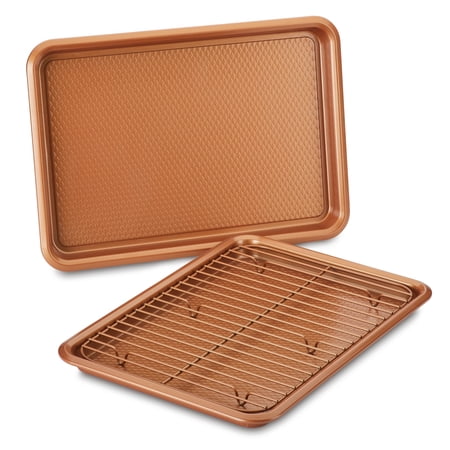 Ayesha Bakeware Double Batch Cookie Pan and Cooling Rack Set  3-Piece  Copper