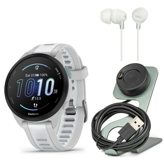 Garmin Forerunner 165 GPS Running Smartwatch (Mist Gray-Whitestone) Bundle with Focus Camera Charger Stand for Garmin Smartwatches and In-Ear Earbud Headphones (White) (3 Items)