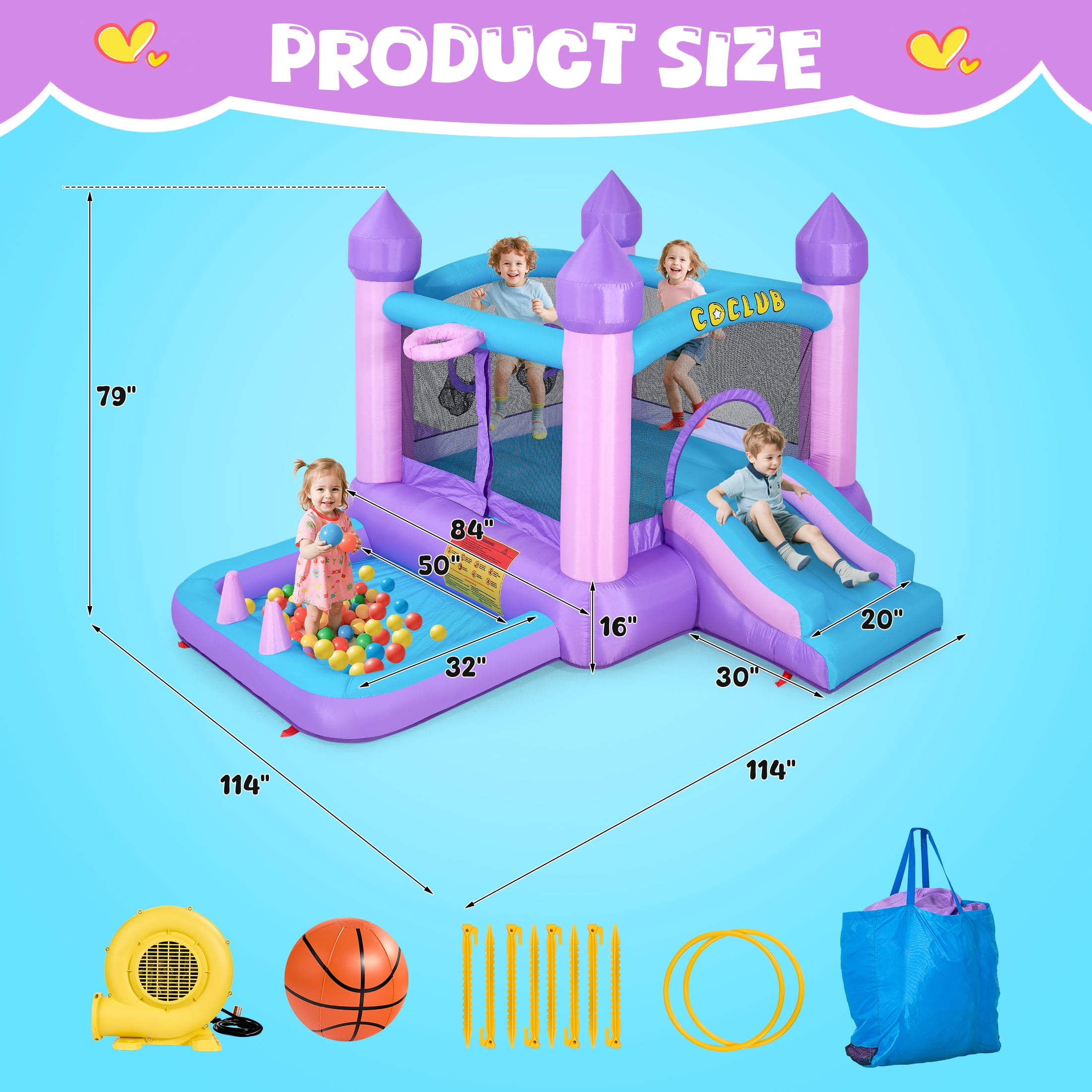 Bounce House with Blower, 6 in 1 Outdoor Inflatable Bounce Castle with Slide/Basketball Hoop/Ball Pit/Ring-toss Game/Pitching Game, Jump House for Kids Toddlers Ages 3-12