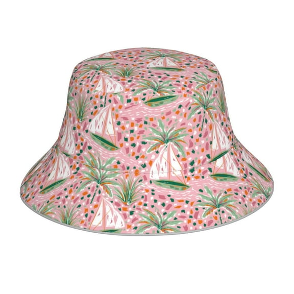 Kll Sailboats And Palm Tree Bucket Hat for Women Men Packable Travel Beach Sun Hat Outdoor Rave Accessories Reflective Fisherman Cap