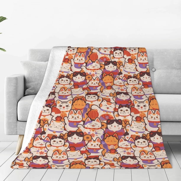 Balery Maneki-Neko Cats Manta de Felpa Suave y Acogedora – Cobija de Franela Aterciopelada para Cama, Lavable y Cálida para Sofá, Mascotas, Transpirable-80"x60"