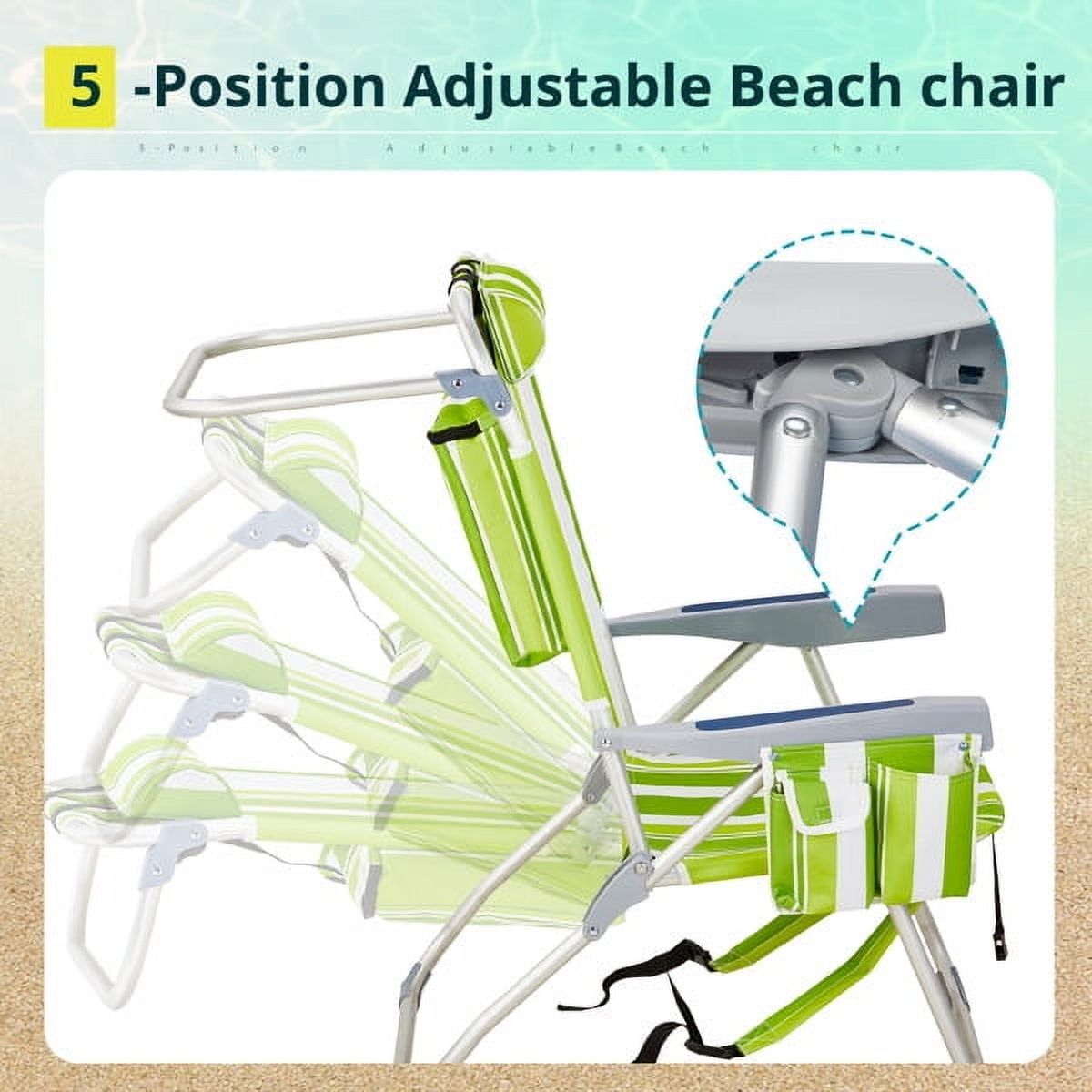 Alvantor High-Seat Beach Chair, 5-Position Reclining Aluminum Frame, Green Stripe