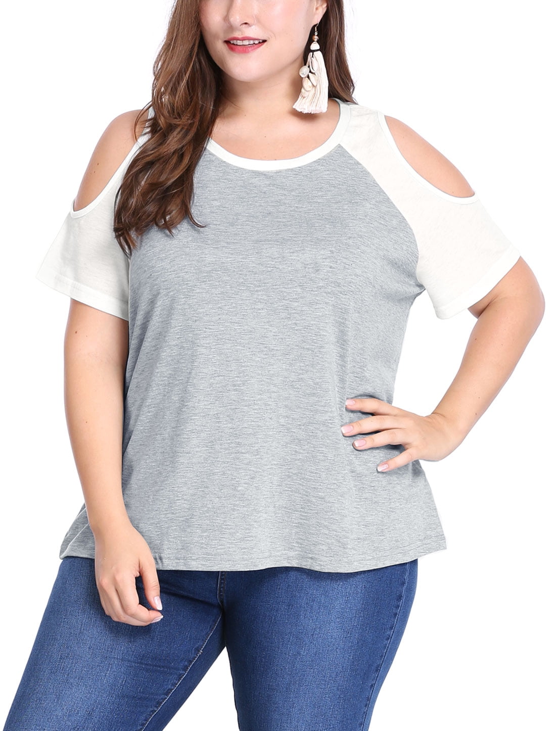 Unique Bargains Women's Plus Size T-shirt Raglan Short Sleeves Cold Shoulder Tee 2X Gray