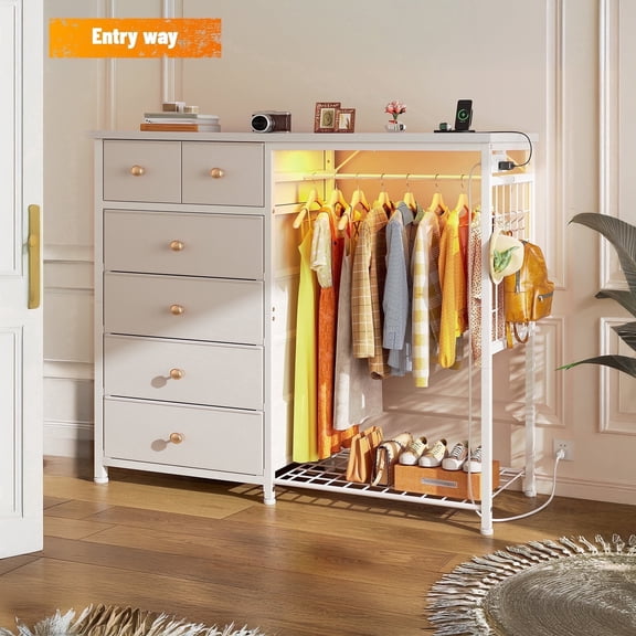Snhomee Dresser with Clothes Rack White Dresser for Bedroom Dresser with 6 Fabric Drawers & LED Charging Station