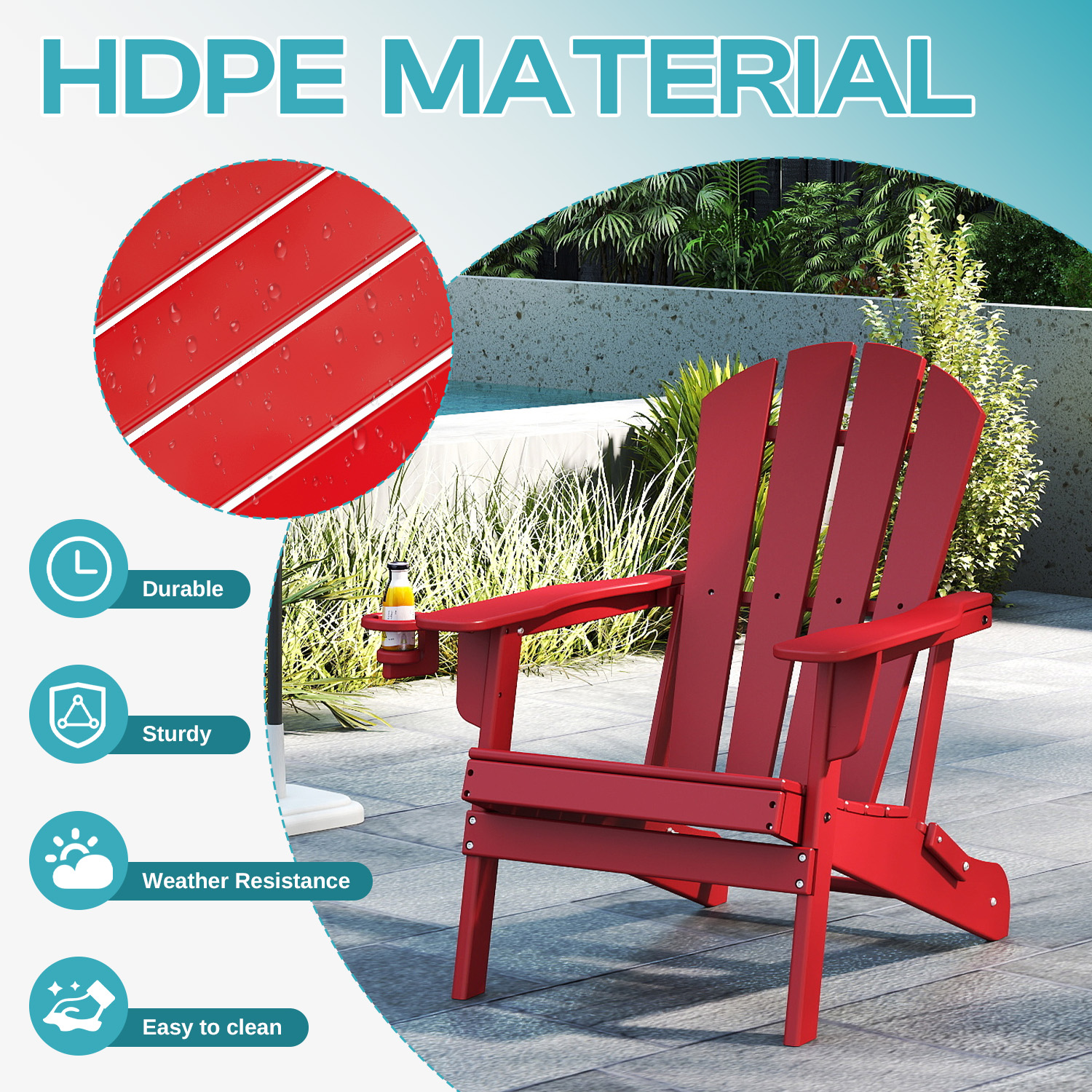 FODINGHILL Folding Adirondack Chair,HDPE All Weather Fire Pit Chair,Outdoor Plastic Chair for Patio Porch Garden,Red