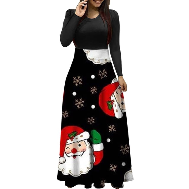 Robes pour Femmes 2022 Noël Col Rond Manches Longues Patchwork Imprimé Robe Longue Ligne A Robe d'Automne pour Dames