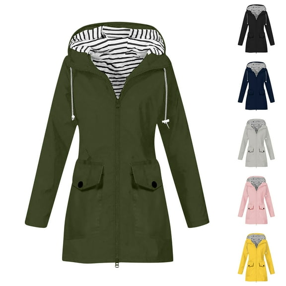 Juebong Womens Raincoat with Hood Outdoor Waterproof Striped Lined Long Rain Jacket Lightweight Climbing Outdoor Zip Up Windbreaker Black,XXL