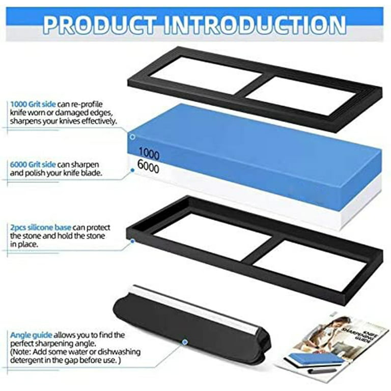 Knife Sharpening Stone Set,Whetstone Dual Sided 1000/6000 Grit Waterstone  with Angle Guide Non Slip Rubber Base Holder, Knife Sharpeners Tool Kit for