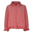 thumbnail image 6 of DDAPJ pyju Women's Spring Tops Dressy Casual Ruffle Plaid Blouse Long Sleeve Button Down Linen Shirts Oversized Boyfriend Shirt Red XL, 6 of 7