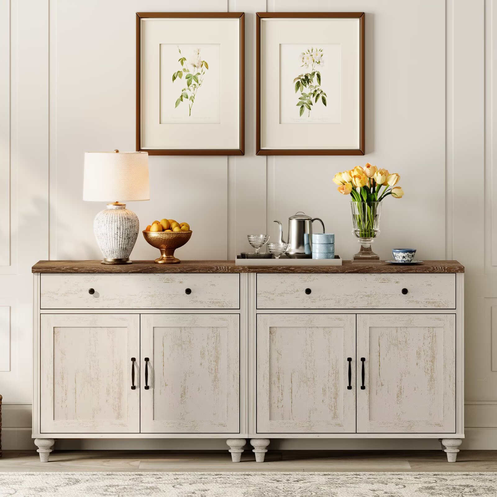 Rustic white Buffet Cabinet with with Storage Cabinets, Modern Farmhouse Kitchen Storage Cabinets 4 Doors and 2 Drawers, 68 inch