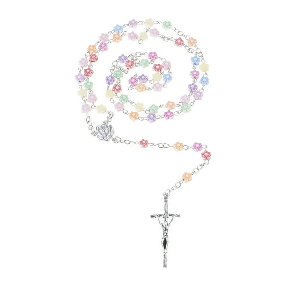 Colorful Flowers Beaded Necklace Catholic Rosary Necklace for Women Girls Crucifix Pendant Necklace Jewelry Gift