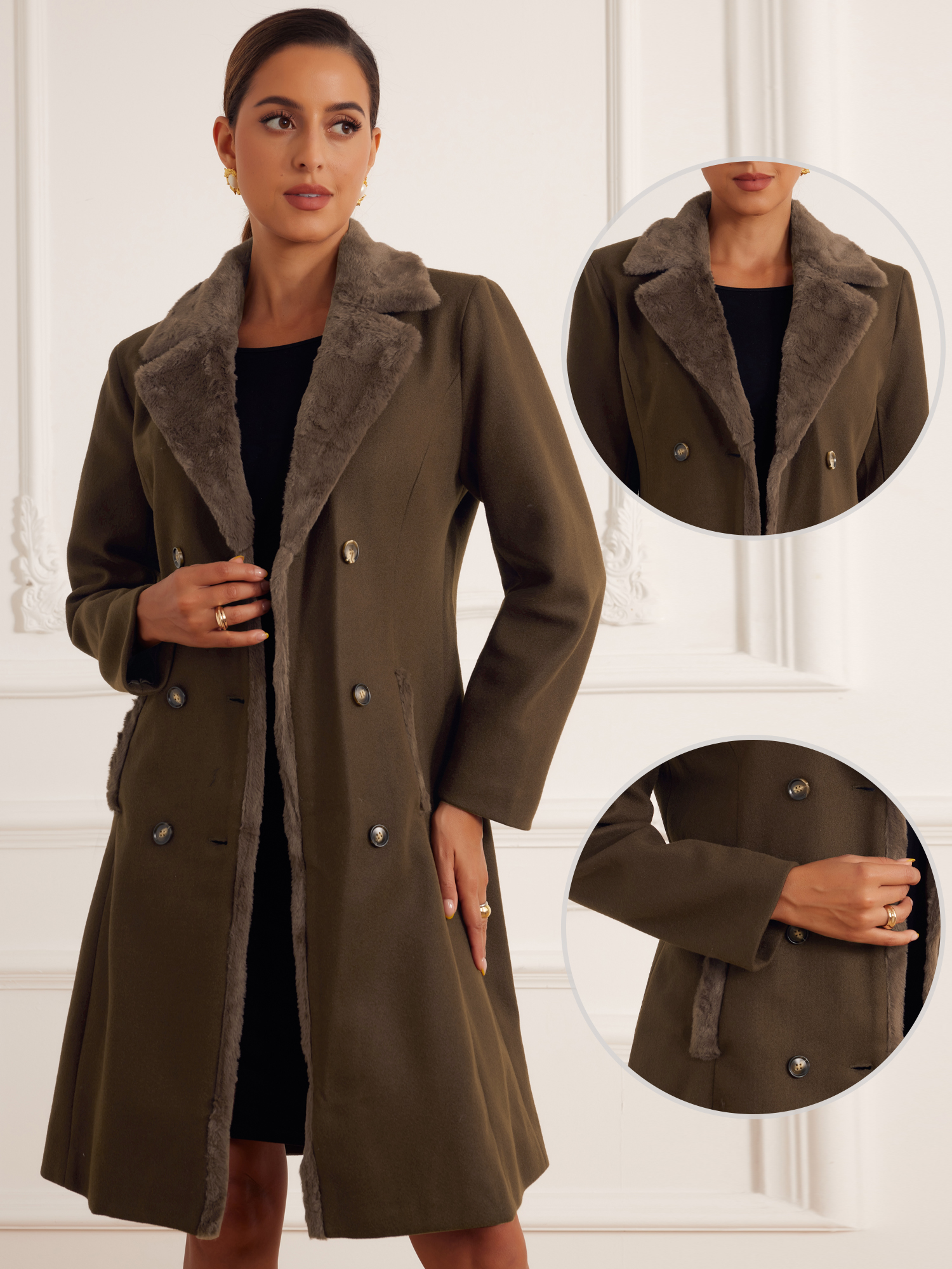 DARING DIVA Women's Winter Coat Faux Fur Collar Double Breasted Long Warm Coats S Dark Brown