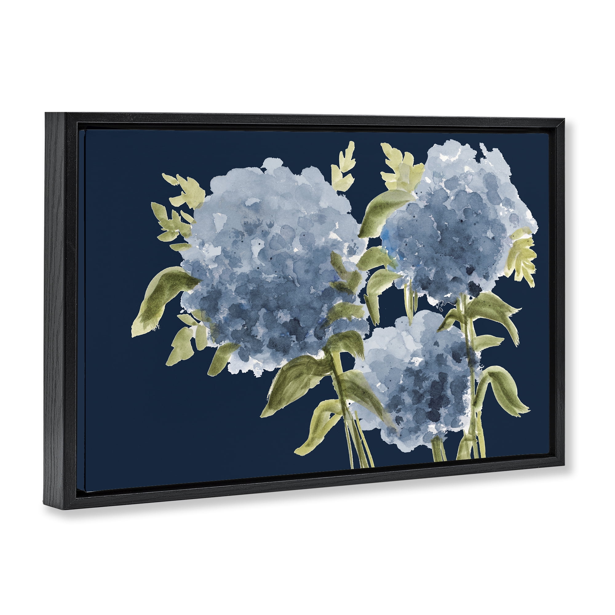 Stupell Industries Blue Hydrangeas on Indigo Black Framed Floater Canvas Wall Art, design by Janice Gaynor