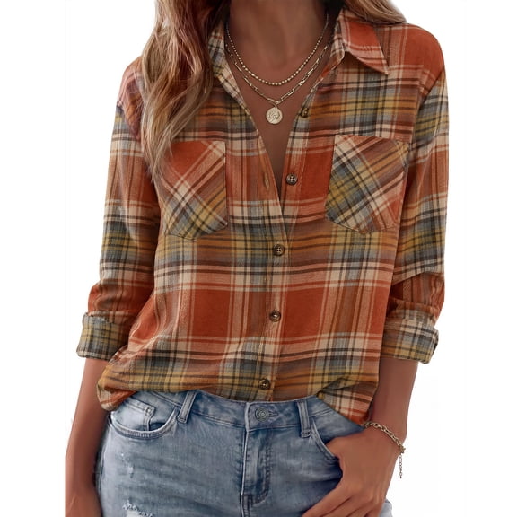 Women's Long Sleeve Shirts Plaid Button Down Fall Work Blouses Lightweight Business Casual Tops, L