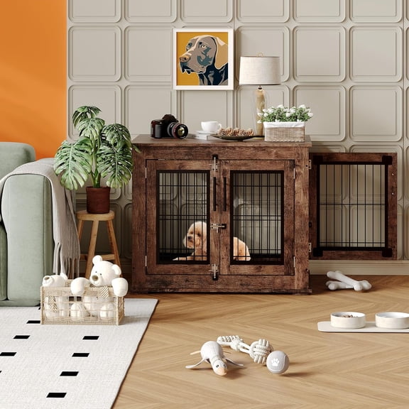 Historyli Farmhouse Dog Crate-31 Inch with Double Doors,Heavy Duty Wooden Dog Kennel End Table-for Small/Medium Dogs,Indoor Dog House Cage Anti-Chew Pet Furniture