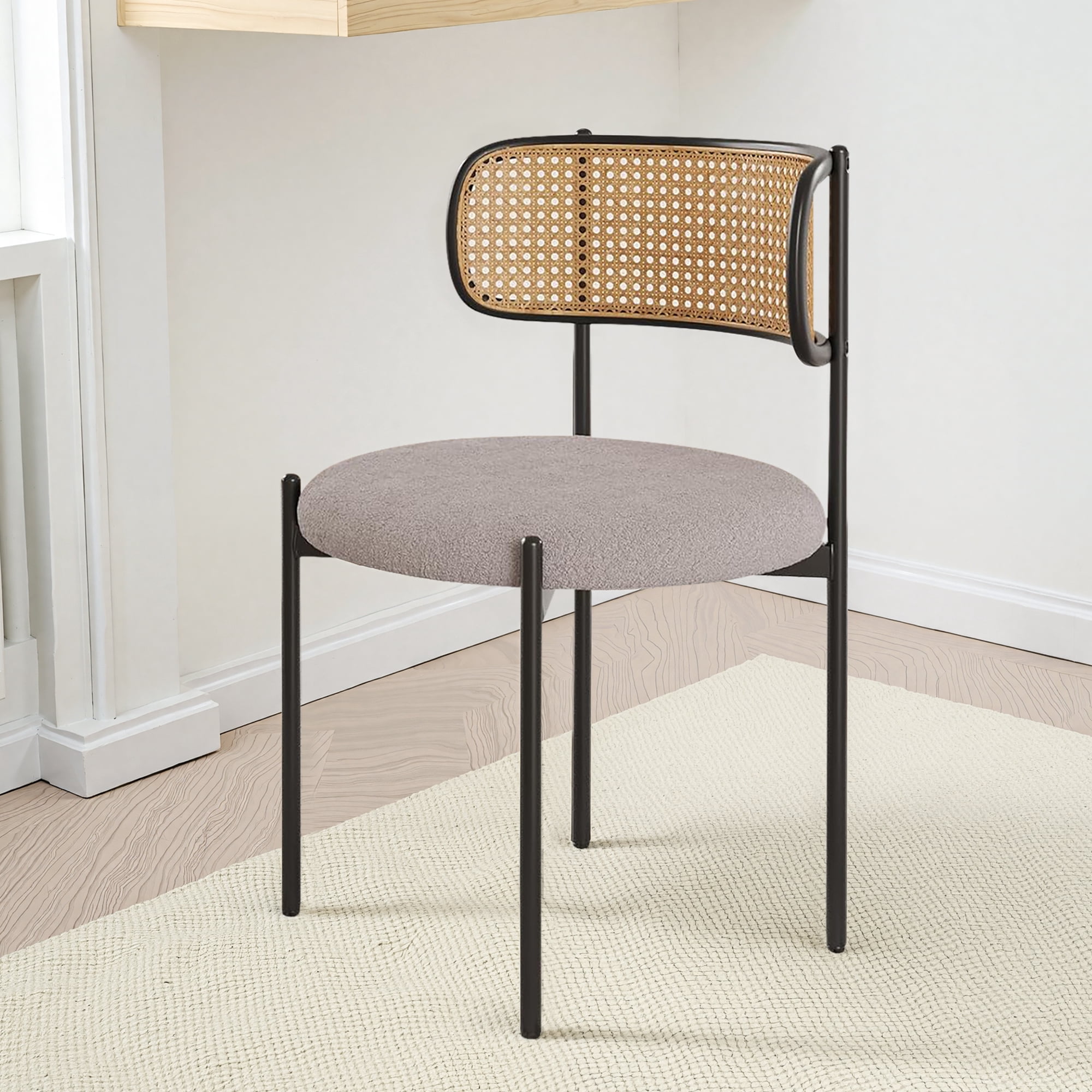 MAYEERTY 2-Pack Light Gray Modern Upholstered Dining Chairs, Rattan Back, Metal Legs, Kitchen Accent