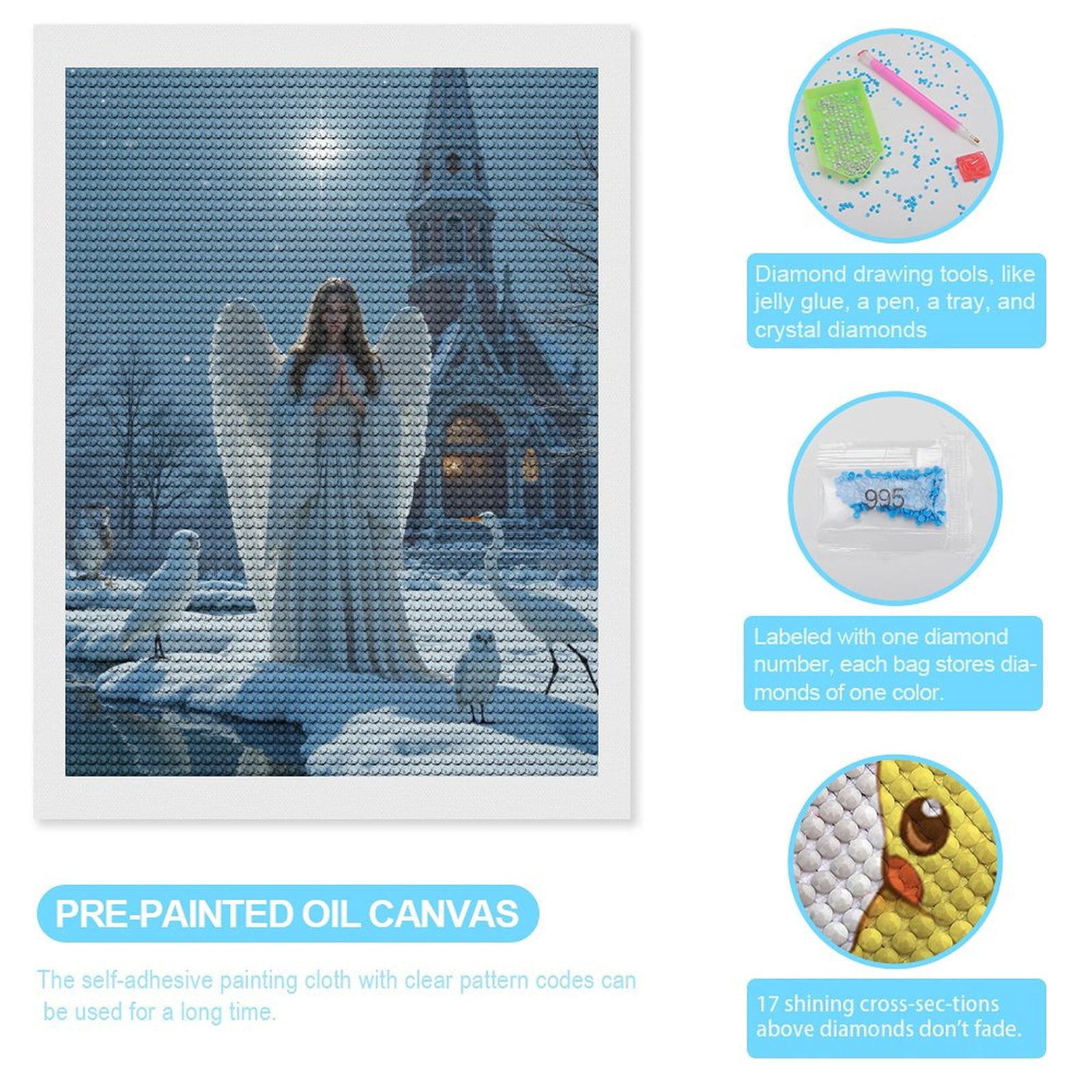 Diamond Art Kits for Adults, Winter Angel Snowy Night Scene 5D Diamond Painting Kits for Adults Beginners, DIY Full Drill Diamond Painting, Gem Art and Crafts 12x16