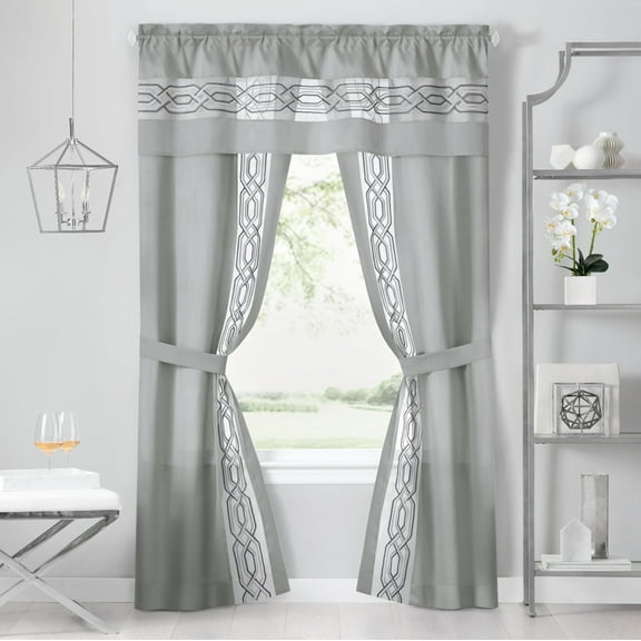 Montauk Accents Malibu 5 Piece Rod Pocket All In One Attached Semi Sheer Window Curtain Panels & Valance Set - 63 in. Long, Silver
