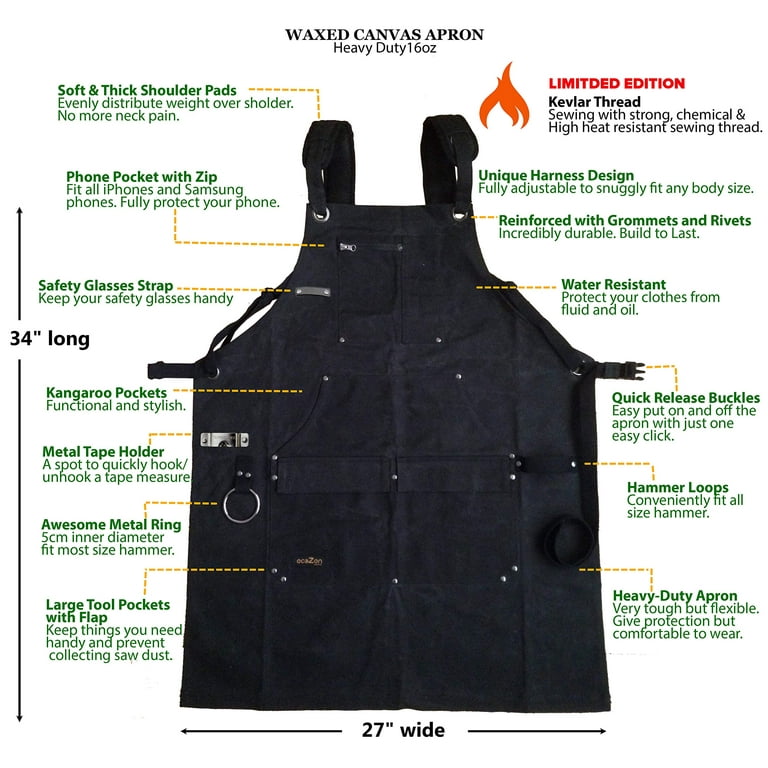 Waxed Canvas Apron (Kevlar Thread) Welding Apron - Heat&Chemical Resistant  Heavy Duty Fully Adjustable to Comfortably Fit Men and Women Size S to XXL