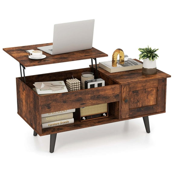 Costway Lift Top Coffee Table with Storage Hidden Compartment Cabinet & Open Shelf Brown