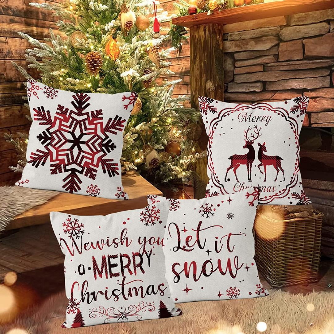 RABUSOFA Christmas Pillow Covers 20x20 Inch Set of 2,Christmas Tree Pillows  Decorative Throw Pillows,Xmas Snowflakes Pillow Cases,Red and White Winter