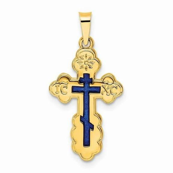 Finest Gold 14K Yellow Gold Polished Eastern Orthodox Blue Enamel Solid Cross Pendant