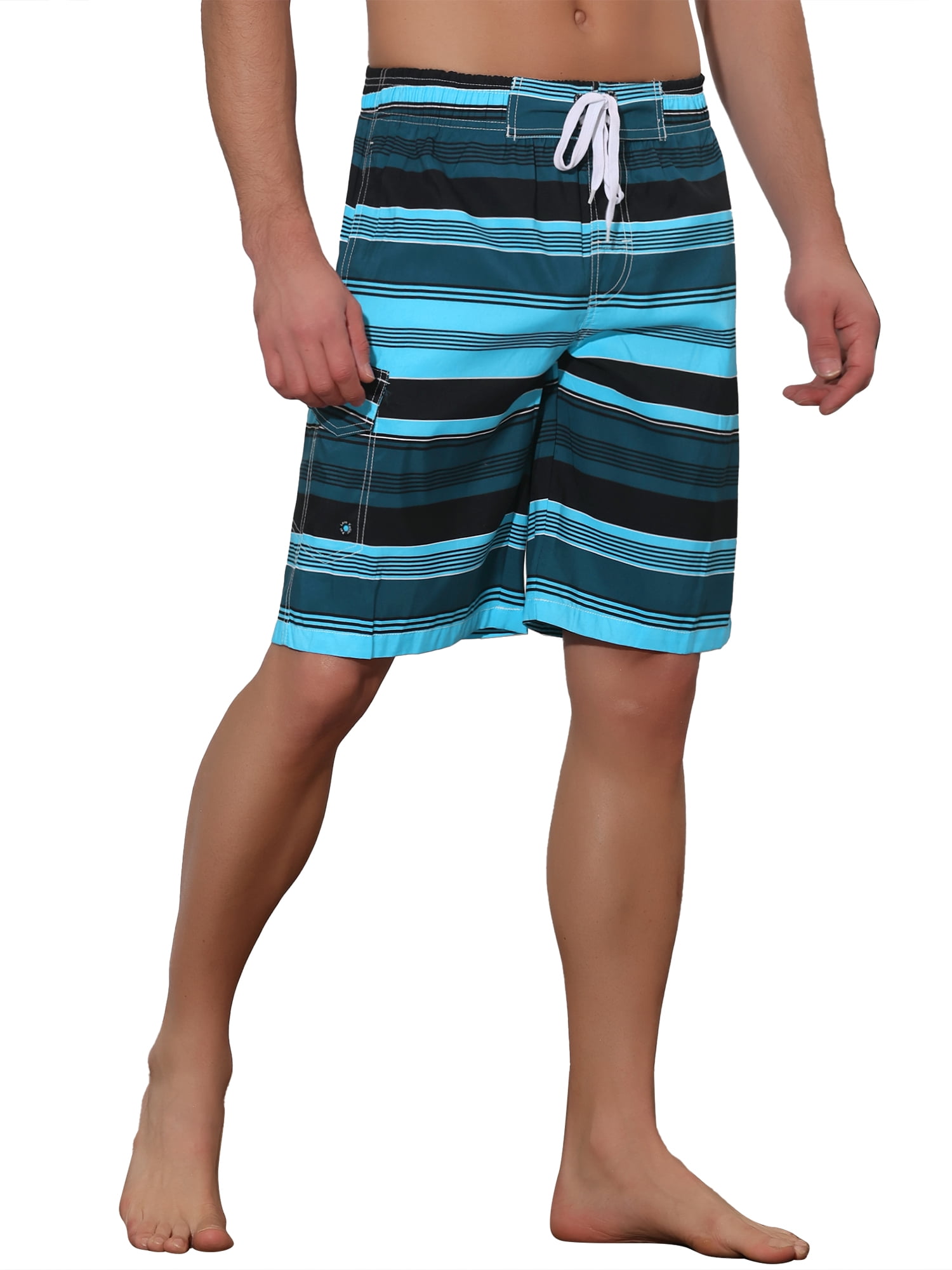 Unique Bargains Men's Drawstring Stripes Printed Color Block Beach Pool Board Shorts 32 Blue