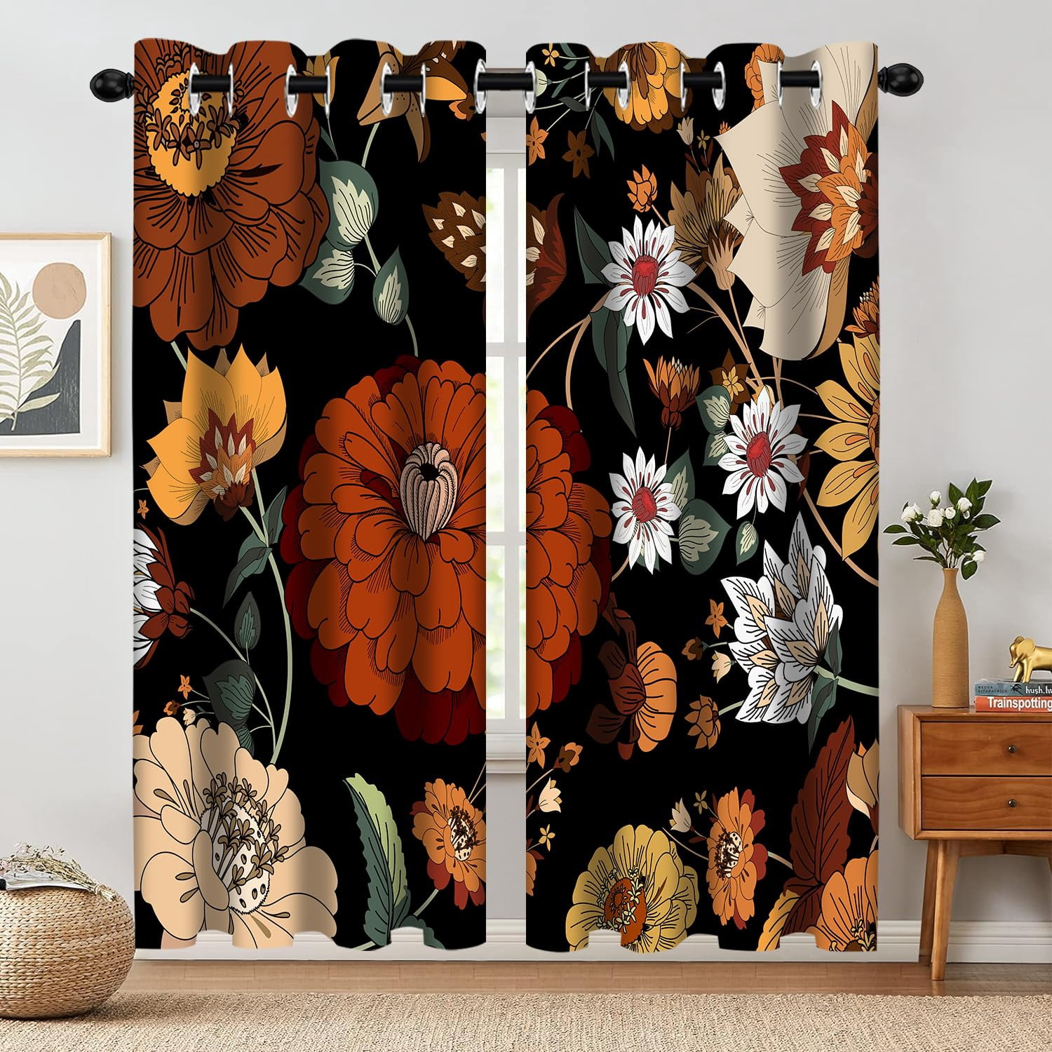 Boho Floral Blackout Curtains, Morden Mid Century Abstract Bohemian Flowers Botanical Tropical Leaves Darkening Window Drapes Grommet for Living Room Bedroom Decor 2 Panels 52"x84" Inches