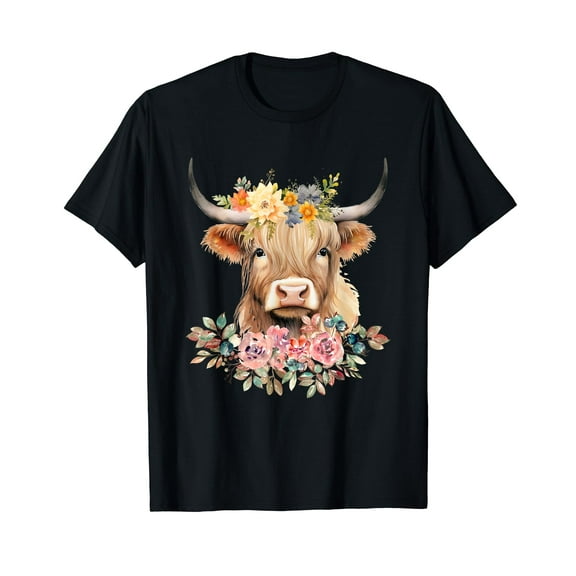 Cute Baby Highland Cow With flowers Calf Animal Christmas T-Shirt Black Tee