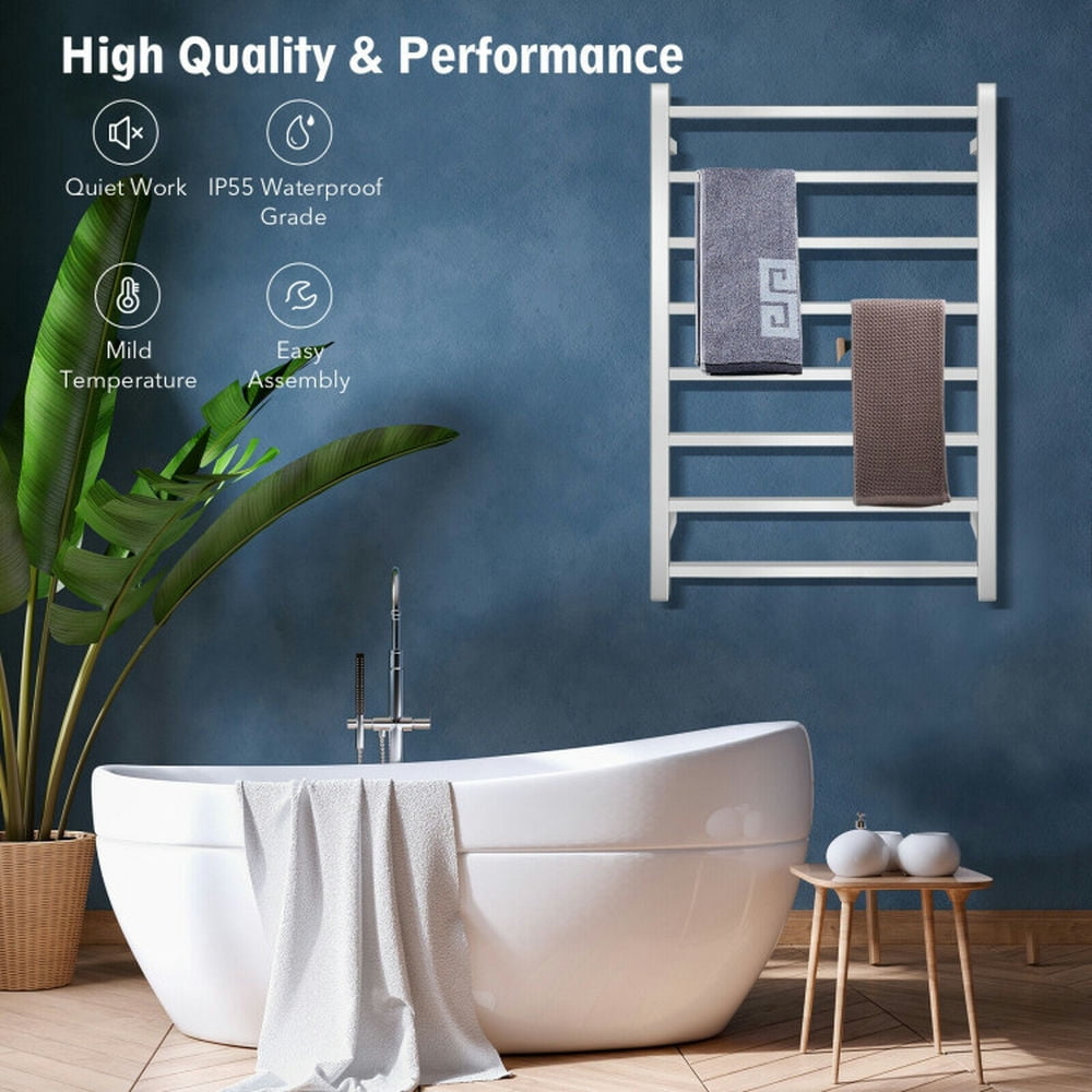 Finihen Wall Mounted Towel Rack, Electric Heated Towel Rack, 145W Electric Towel Warmer Wall Mounted Heated Drying Rack 8 Square Bars, for Bathroom, laundry Room, Silver