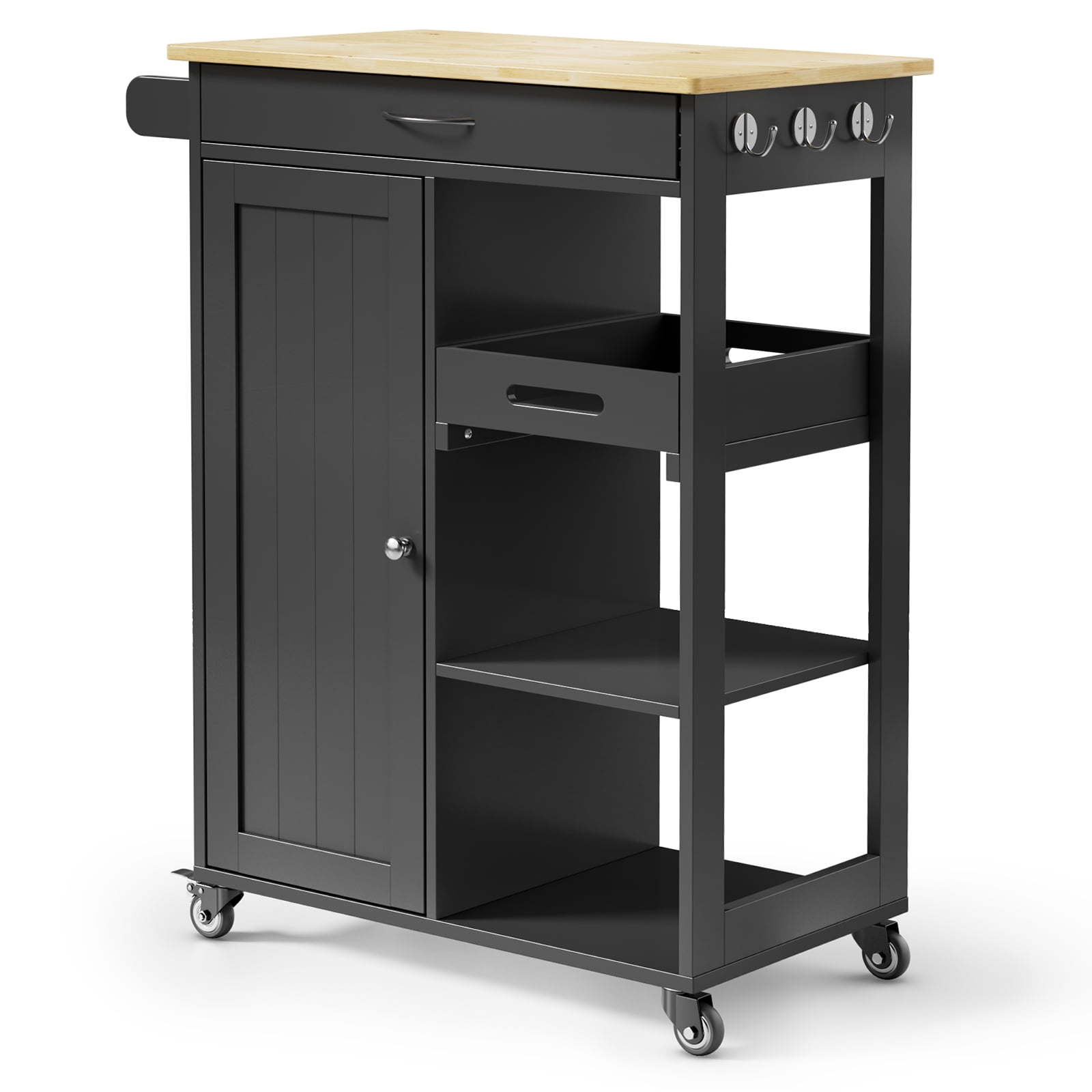 Kitchen Island Cart with Removable Tray, Lofka Kitchen Cart Microwave Cart with Drawer, Cabinet, Towel Rack, Hooks and 3 Open Storage Shelves, Black
