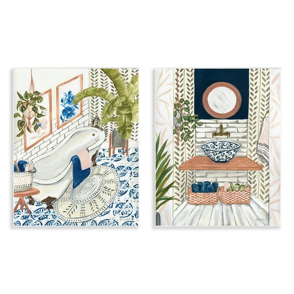 Stupell Industries Boho Chic Bathroom Bath & Laundry Painting Unframed Art Print Wall Art, 11 x 14, Set of 2