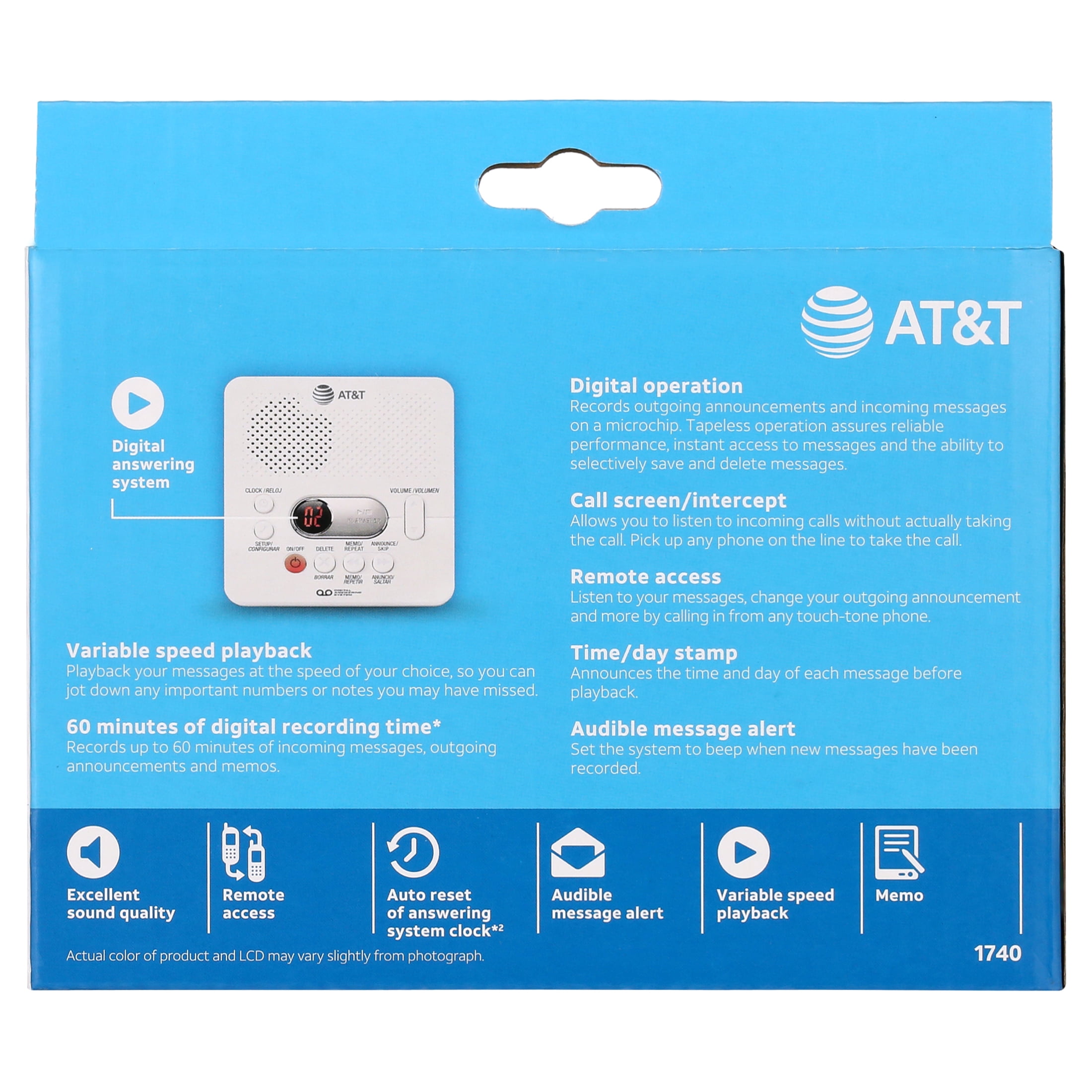 AT&T 1740 Digital Answering System, Single Unit, Tapeless 60 Min Record Time, Message Guard Memory, Audible Message Alert, Remote Access