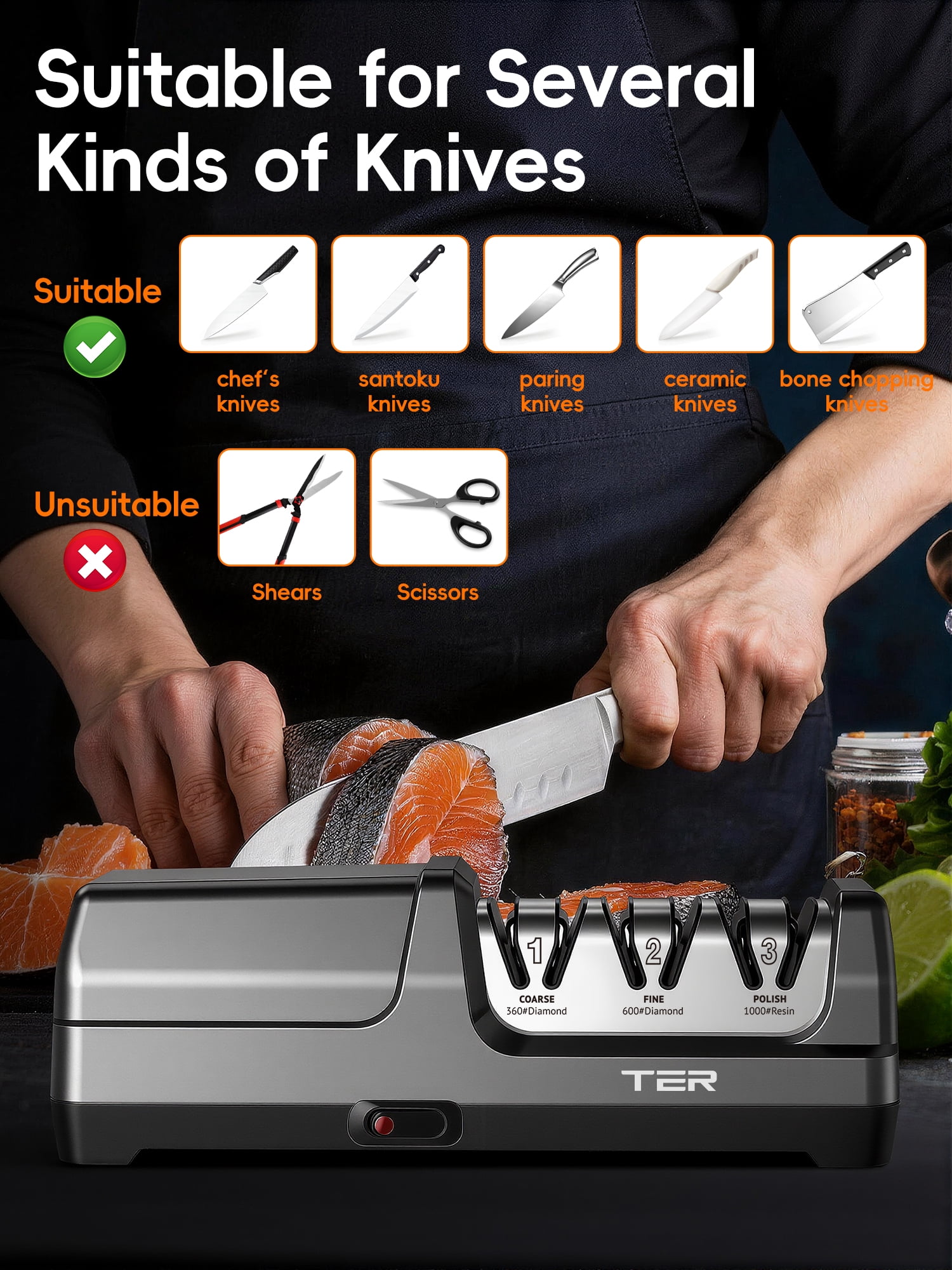 Electric Knife Sharpener, 3-Stage Diamond Knife Sharpener for Kitchen Knives 20-Degree Angle, 40S Quick Sharpening & Polishing for Chef, Santoku, Ceramic Knives, Easy to Use for Beginners, Black