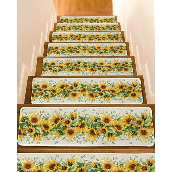 Sunflower Stair Treads for Wooden Steps Indoor Runner Rug Carpet, Country Botanical Yellow Green Floral Leaf 10 Pieces Peel and Stick Staircase Step Treads Covers Washable Throw Door Mats, 30"x8"