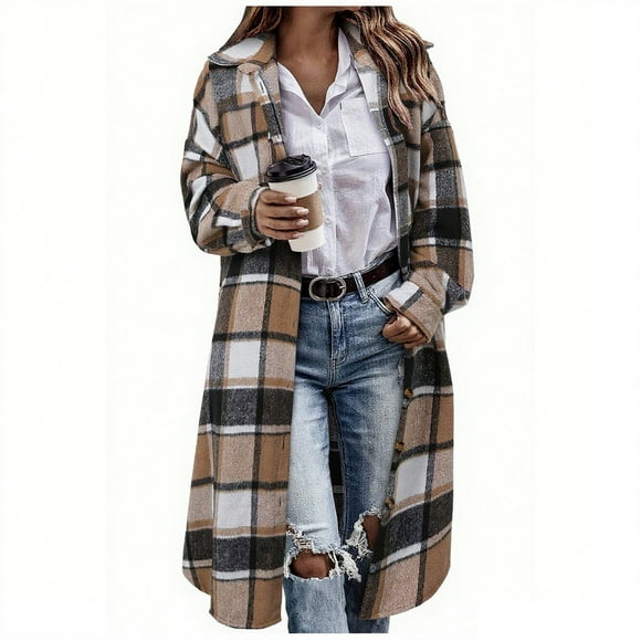 HAiming Womens Plaid Long Shirt Jacket Fleece Casual Lapel Collar Button down Coats Fall Winter Fashion Outerwear