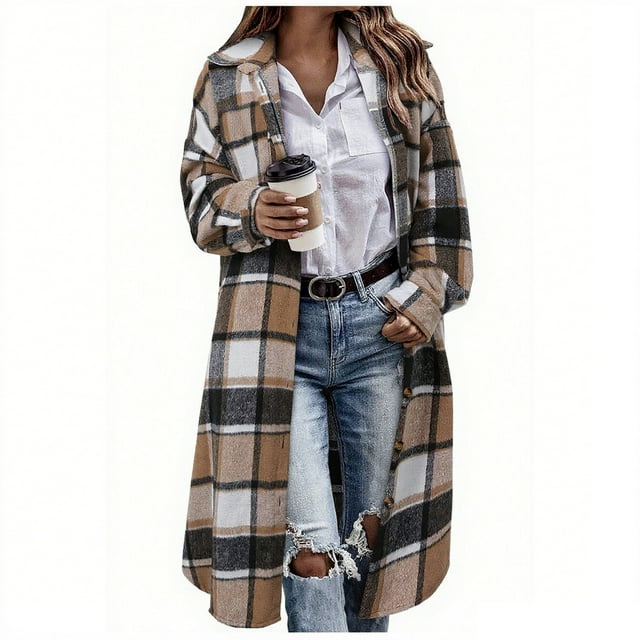 aohooy Winter Oversized Womens Shirt Jacket - Long Flannel Button Up Plaid Lapel Knee Length Checkered Shacket Trench Coat Brown,L