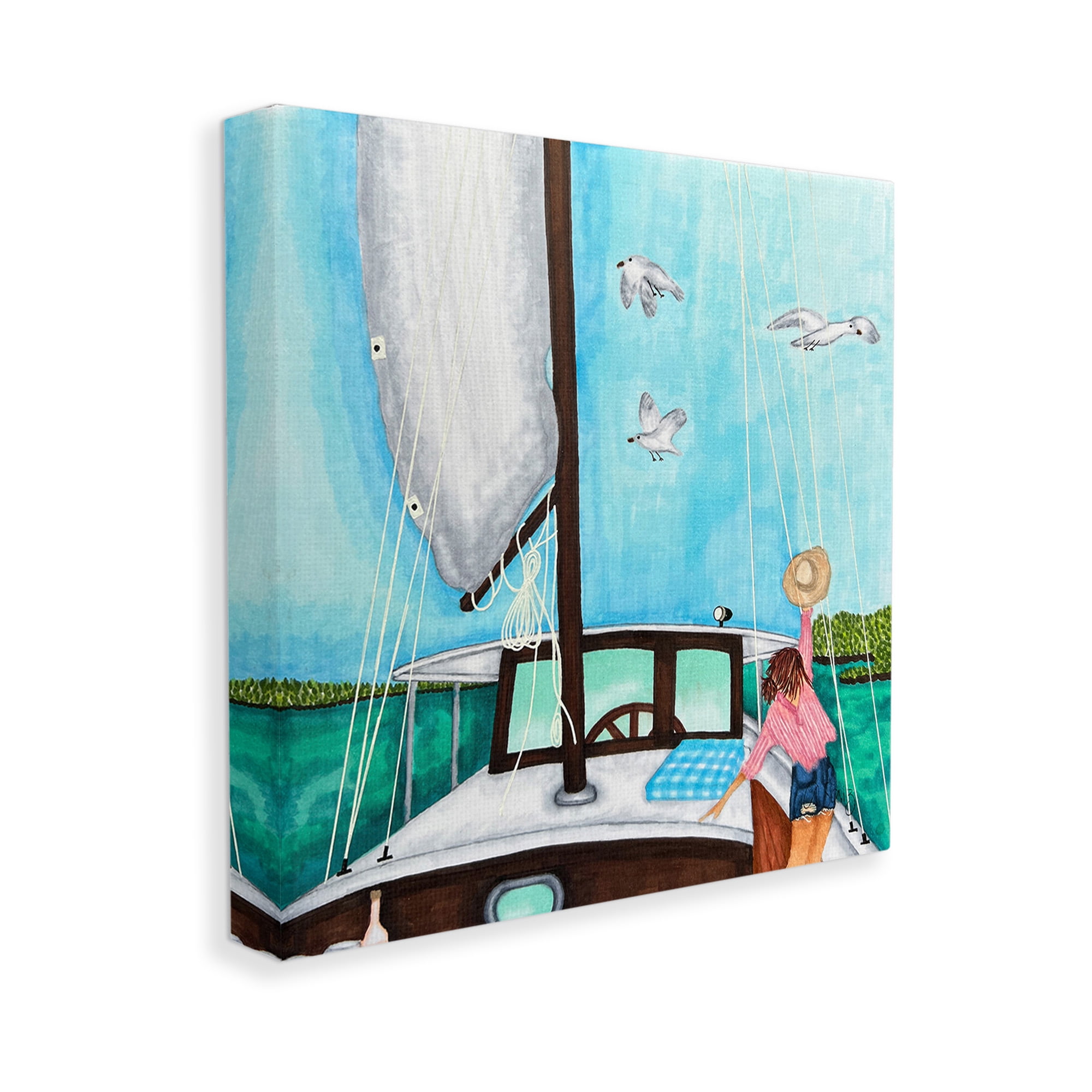Stupell Industries Girl on Boat Scene Transportation Painting Gallery Wrapped Canvas Art Print Wall Art, 17 x 17
