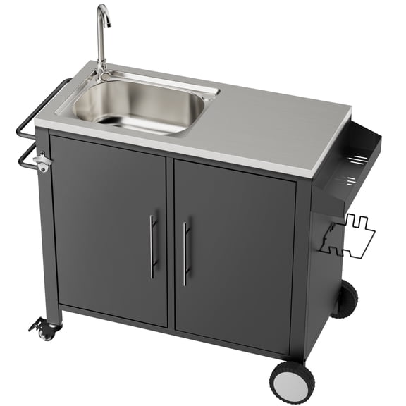 Grill Cart with Sink & Cabinet 304 Steel Wheels 38x18x35