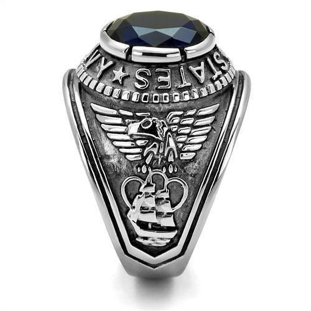 US Navy Ring for Men and Women Unisex Stainless Steel Military Patriotic Ring in Silver with Blue Stone