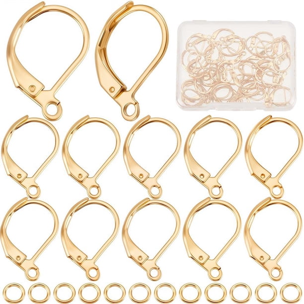 1 caja de 50 juegos de accesorios para aretes de acero inoxidable chapados en oro de 24 quilates con cierre de palanca, ganchos para aretes franceses, accesorios con anillos de salto
