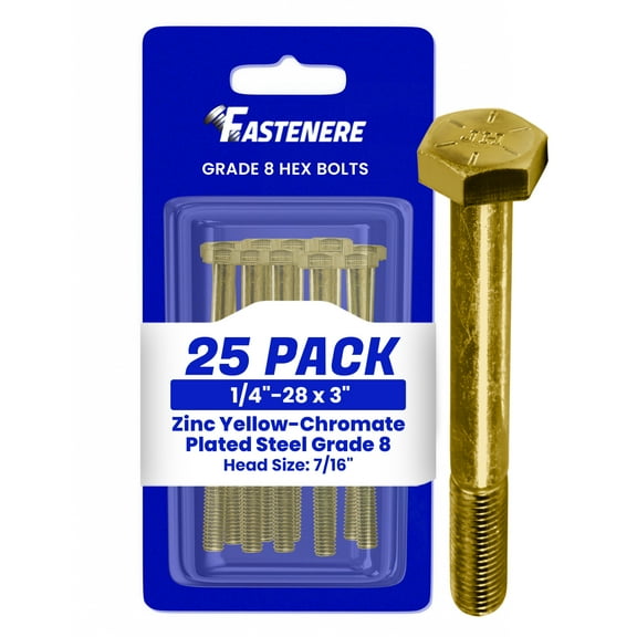 Fastenere 1/4"-28 x 3 Hex Bolts Grade 8 Zinc Yellow-Chromate Plated Steel, Partial Threaded Durable Hex Bolts for Machinery & Construction, Rust-Resistant, Heavy-Duty Fasteners, Pack of 25