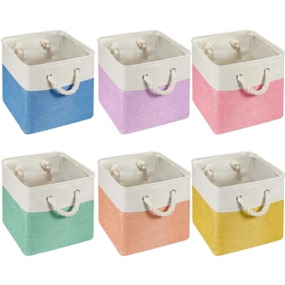 6 Pcs 11 x 11 Inch Cube Storage Bins Fabric Storage Organizer Bins Foldable Cube Baskets with Sturdy Carry Handles Wicker Baskets for Home aron Color