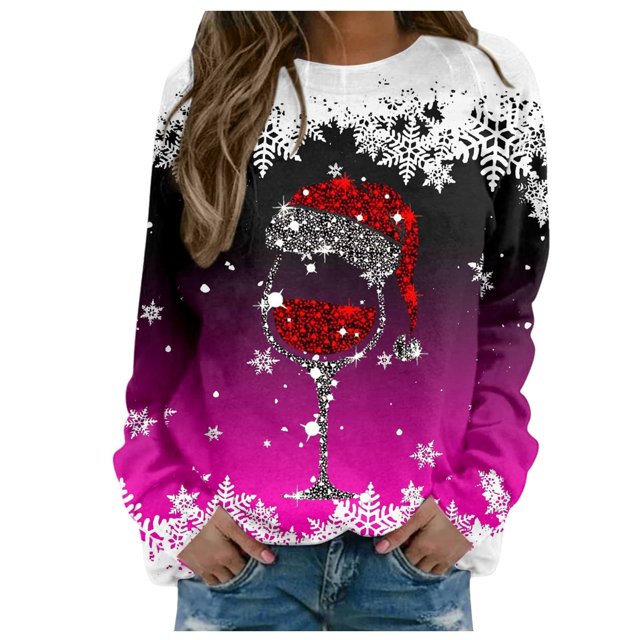 Staron Chandail de Noël pour Femmes, Décontracté, Verre de Vin Rouge, Joyeux Noël, Blouse Mode à Col Rond, Chandail, Hauts de Noël, Hauts des Fêtes, Cadeaux de Noël pour Femmes 2024