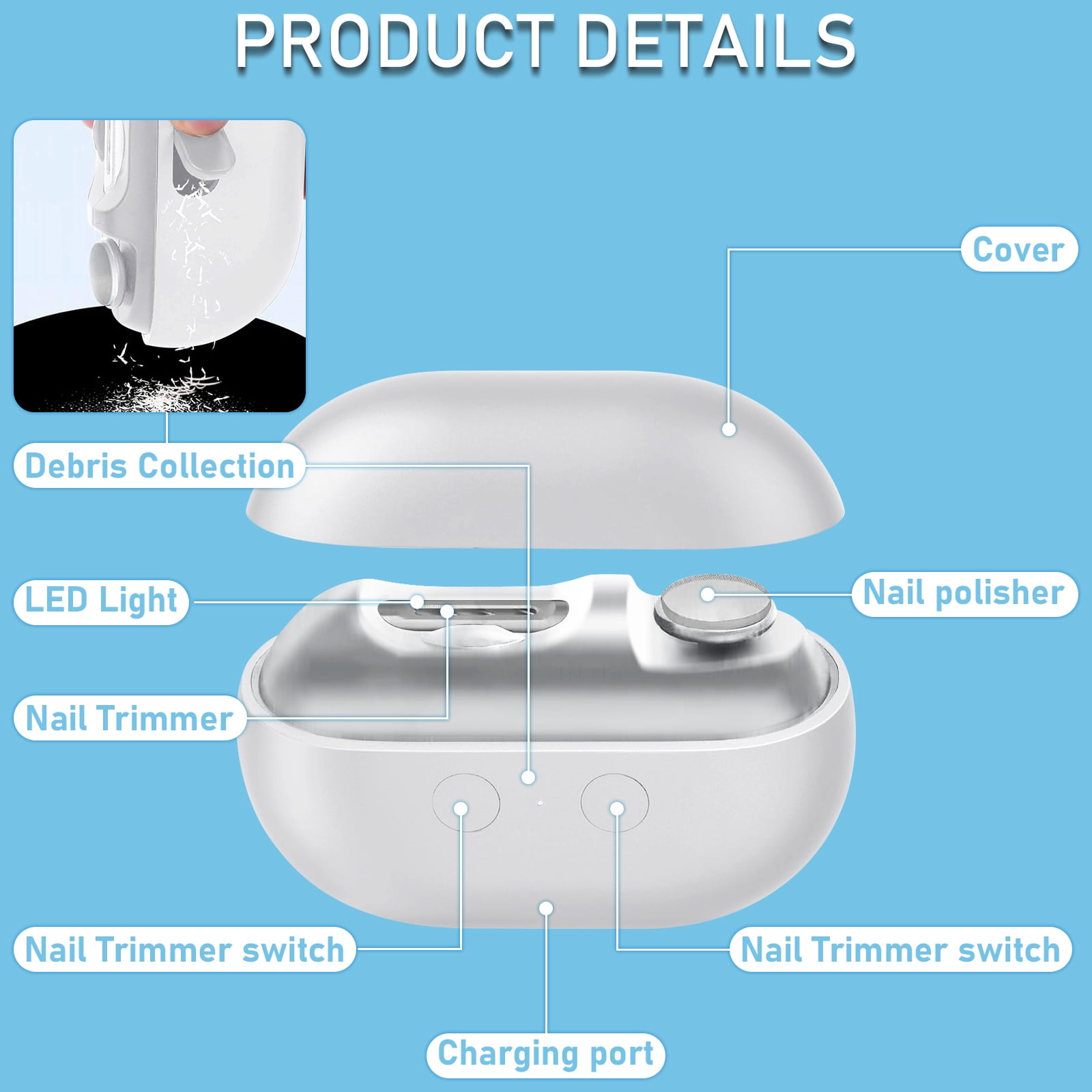 Hemvt 3 In 1 Electric Nail Clippers with Polishing, Rechargeable 2 Speeds Fingernails Clipper for Seniors, Adults, Baby, Automatic Nail Trimmer with Clip Storage and LED Light, Safe Use,Aorsher